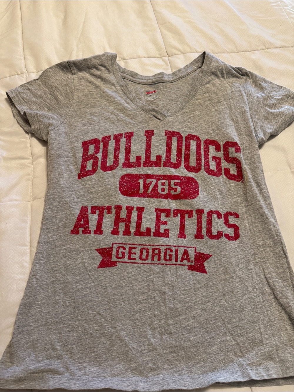Soffe Gray V-Neck 'Bulldogs Athletics Georgia' Tee with Red Print